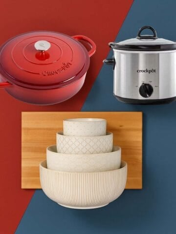 Flat lay collage of kitchen gift ideas on a split red and blue background, featuring a red Crockpot Dutch oven, a small stainless steel slow cooker, a stack of cream-colored ceramic mixing bowls, and a wooden cutting board arranged neatly in the center.