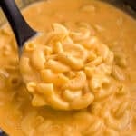 Close up of a spoonful of crockpot Velveeta mac and cheese with tender elbow macaroni covered in thick melted cheese sauce. The glossy texture shows how rich and creamy the dish is.