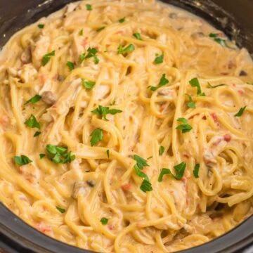 Finished slow cooker Rotel chicken spaghetti with shredded chicken tomato pieces mushrooms and chopped parsley mixed throughout the creamy sauce.