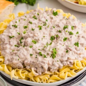 Finished ground beef stroganoff served over wide egg noodles and garnished with chopped parsley. The creamy beef sauce is spooned generously across the noodles.