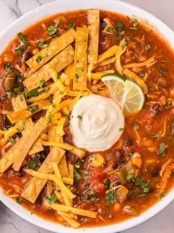 Overhead view of finished chicken tortilla soup in a slow cooker topped with crispy tortilla strips and chopped cilantro. Shredded chicken, corn, black beans, and vegetables are mixed throughout the red tomato broth.